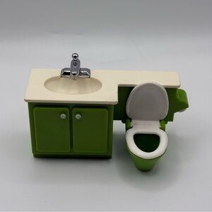 Vintage Fisher Price Dollhouse Green & White Bathroom Sink Toilet Counter